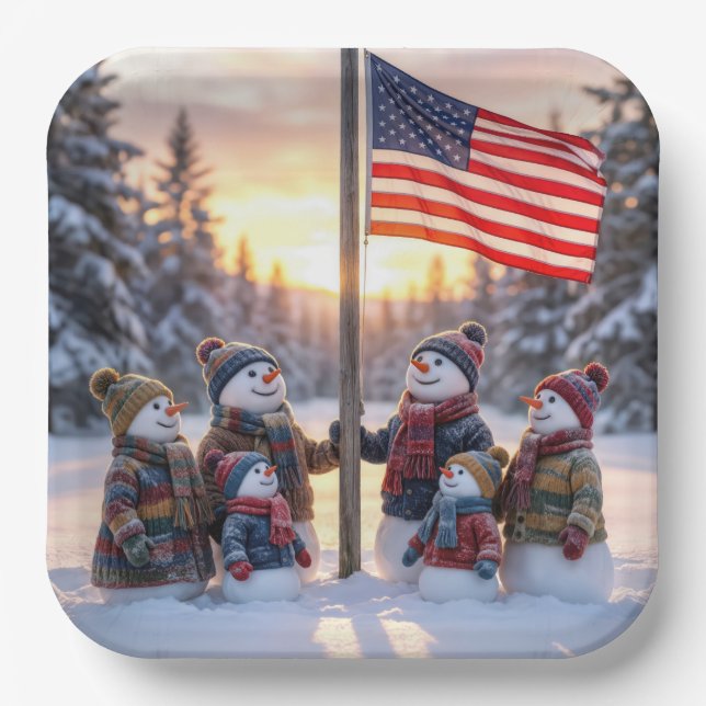 Assiettes En Carton Snowman Family Gathering Around a Flagpole (Recto)