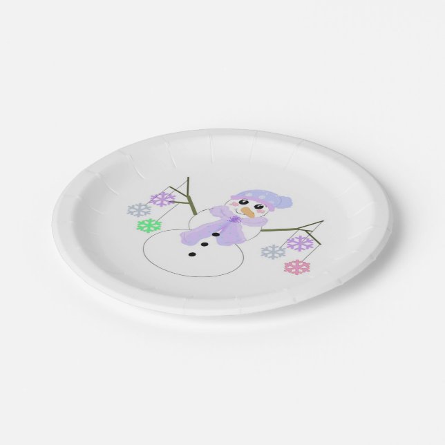 Assiettes En Carton Snowman tenant des flocons de neige (Angle)
