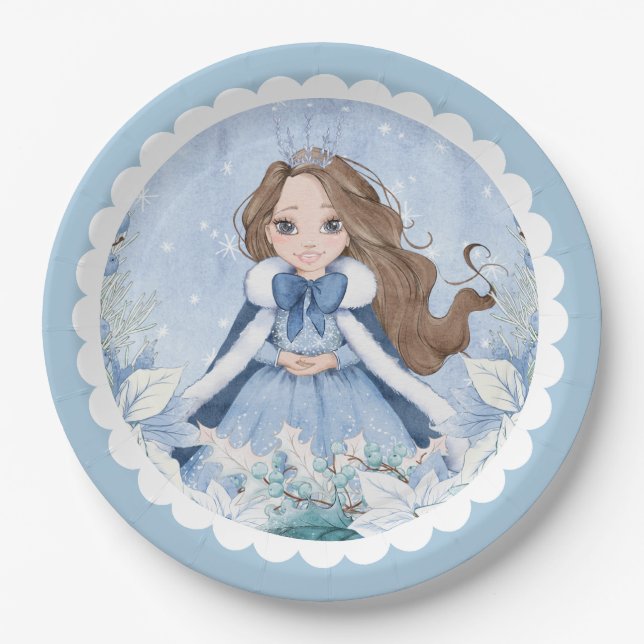 Assiettes En Carton SnowWinter Brunette Princesse Anniversaire (Devant)