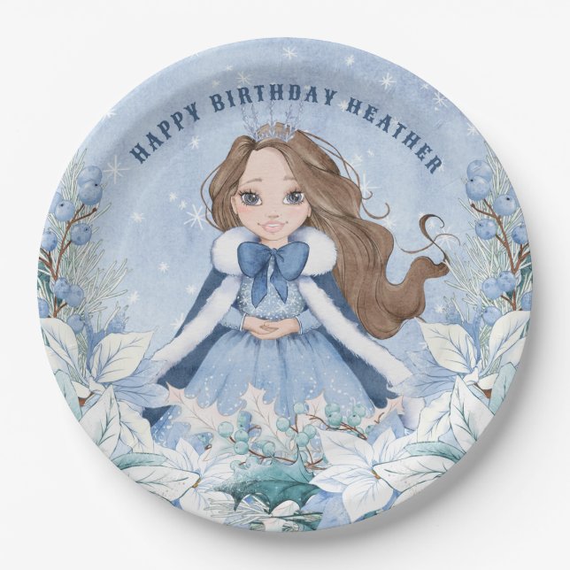 Assiettes En Carton SnowWinter Brunette Princesse Anniversaire (Devant)