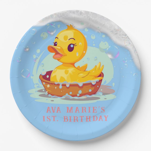 Assiettes En Carton Soapy Yellow Rubber Duck Girl 1er anniversaire fêt (Devant)