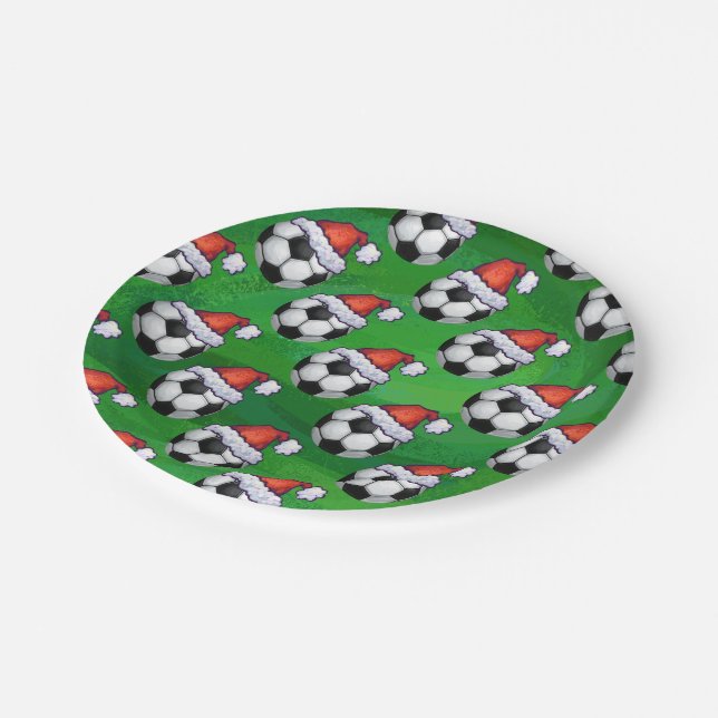 Assiettes En Carton Soccer Ball Santa Hat Motif sur Vert (Angle)