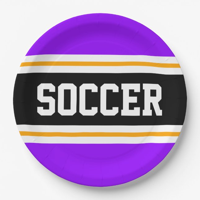 Assiettes En Carton SOCCER noir brillant violet jaune rayures de cours (Devant)