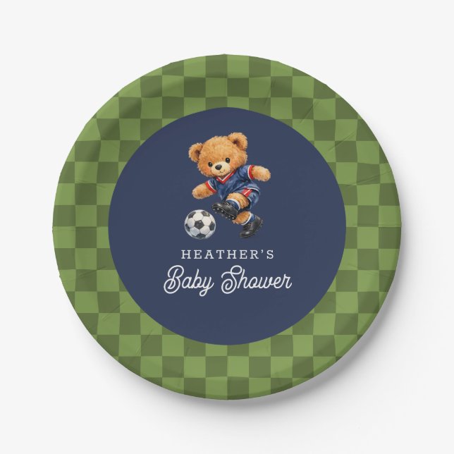 Assiettes En Carton Soccer Teddy Beary Checkboard Retro Baby Shower (Devant)