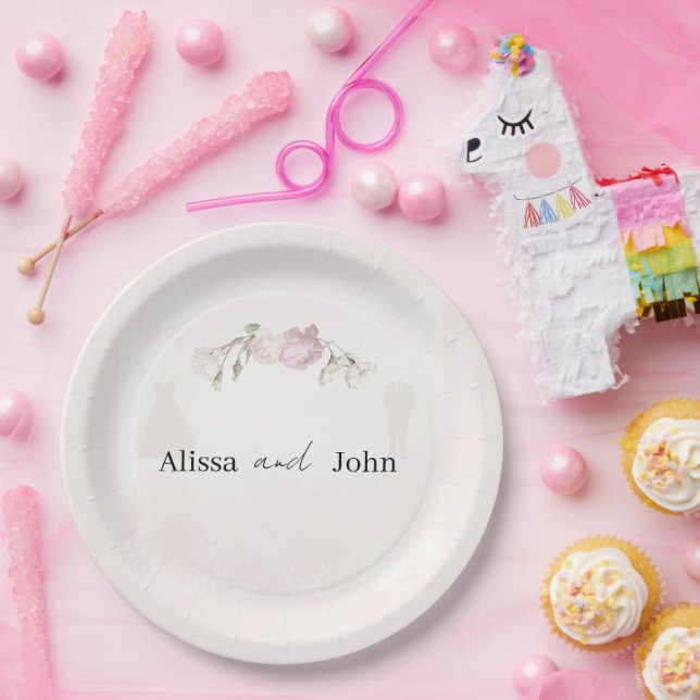 Assiettes En Carton Soft Pink Roses & Bride and Groom Collection (Fête)