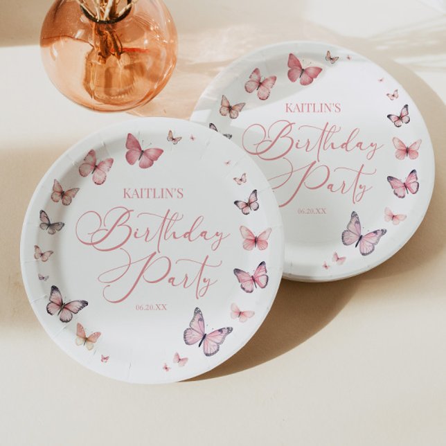 Assiettes En Carton Soft rose papillon fête d'anniversaire (Créateur téléchargé)