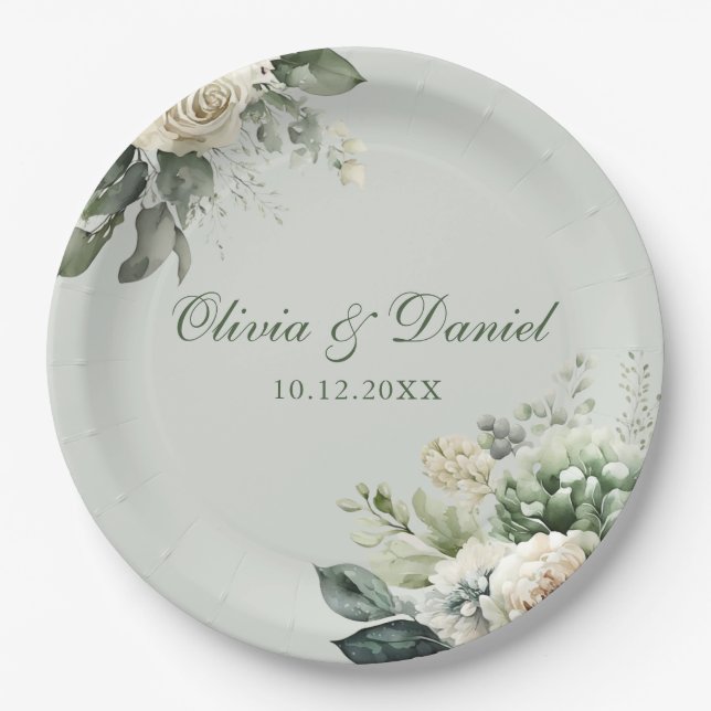 Assiettes En Carton Soft Sage Green Floral Paper Plate (Devant)