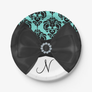 Assiettes En Carton Soie sarcelle et noir à Damas Bling Nœud Glam Fête
