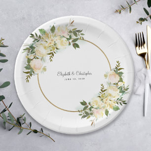 Assiettes En Carton Soignée Mariage Floral Aquarelle Or Blanc Parti