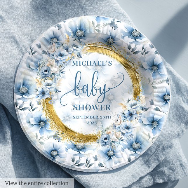 Assiettes En Carton Soignée pastel bleu fleurs or boho douche party (Stylish pastel blue flowers gold boho shower party Paper Plates)