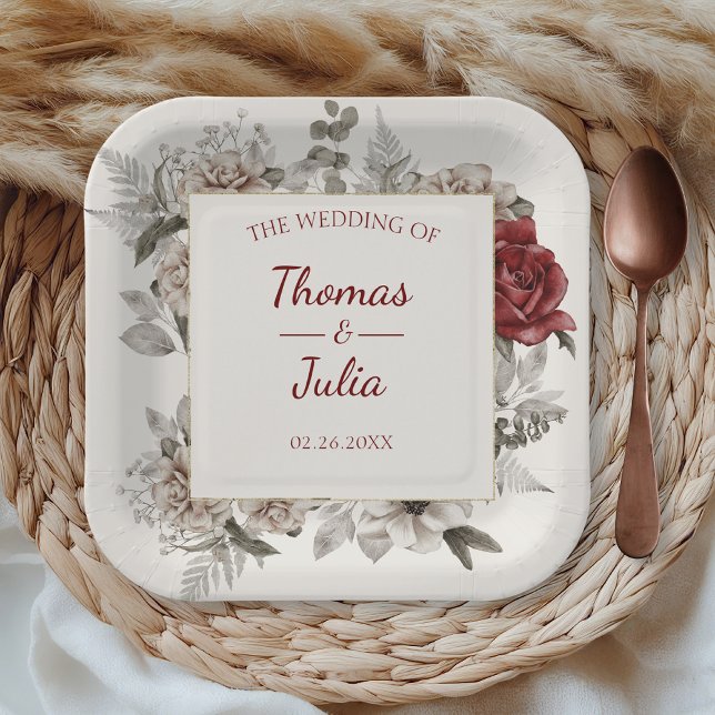 Assiettes En Carton Soirée Carré élégante avec Fleurs Aquarelles (Elegant Square Party with Watercolor Flowers Paper Plates)