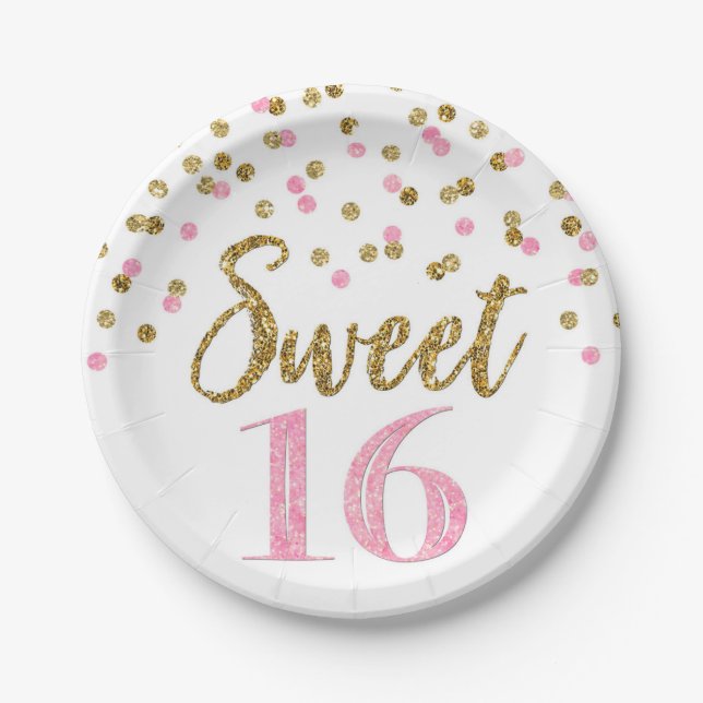 Assiettes En Carton Soirée Confetti Gold rose 16 Anniversaire (Devant)