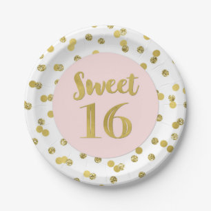 Assiettes En Carton Soirée Confetti Gold rose 16 Anniversaire