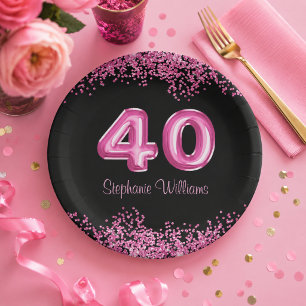 Assiettes En Carton Soirée d'anniversaire de 40 ans chic noir et rose 
