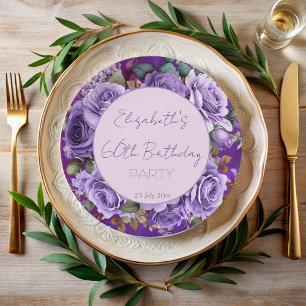 Assiettes En Carton Soirée d'anniversaire élégante violet roses monogr
