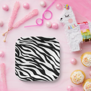 Assiettes En Carton Soirée d'anniversaire en safari imprimé noir blanc