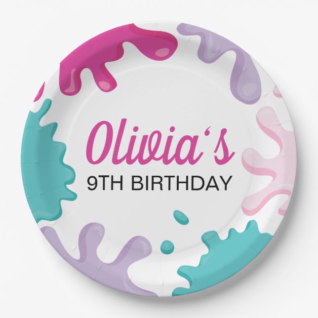 Assiettes En Carton Soirée d'anniversaire rose Slime (Devant)