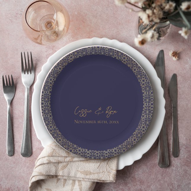 Assiettes En Carton Soirée de mariage design Gold de la Marine (Trendy Navy Gold Design Wedding Reception Party Paper Plates)