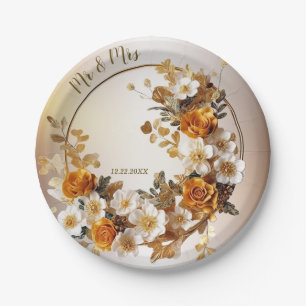 Assiettes En Carton Soirée de mariage Golden Orange White Flowers rust