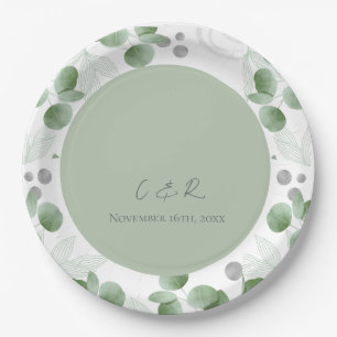 Assiettes En Carton Soirée de mariage Monogram Green Eucalyptus