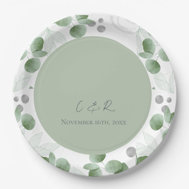 Assiettes En Carton Soirée de mariage Monogram Green Eucalyptus (Devant)