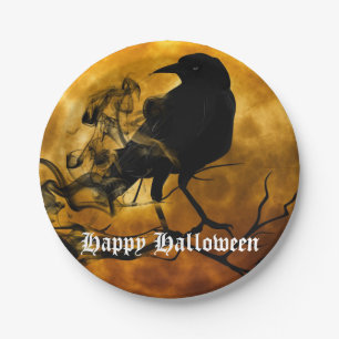 Assiettes En Carton Soirée d'Halloween de la pleine lune du corbeau no
