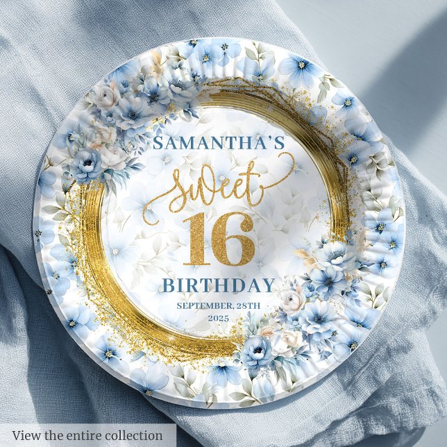 Assiettes En Carton Soirée élégante Bleu clair Doux 16 Gold Parties sc (Stylish Light Blue Sweet 16 Gold Glitter Party Paper Plates)