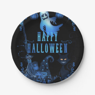 Assiettes En Carton Soirée magique d'Halloween Chat noir Lumière bleue