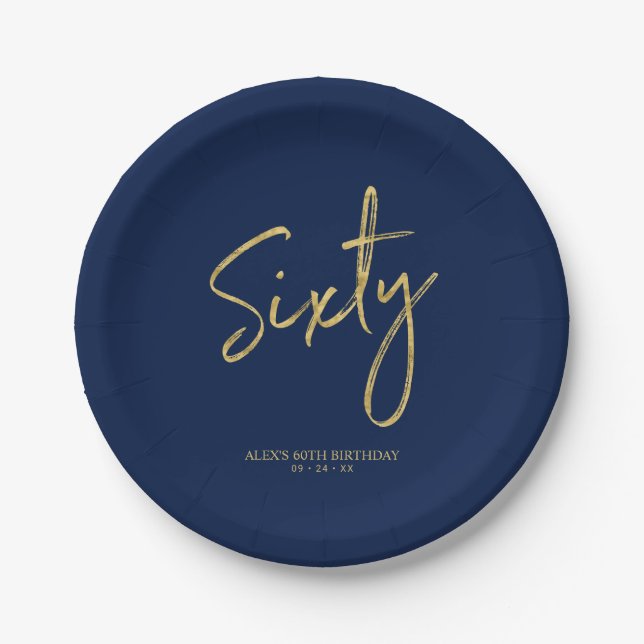 Assiettes En Carton Soixante | Gold & Navy Blue Lettering 60e annivers (Devant)