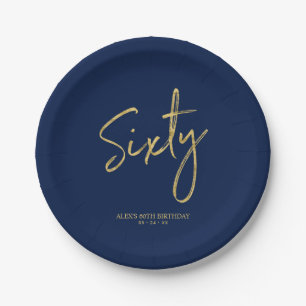 Assiettes En Carton Soixante   lettrage or et bleu marine 60e annivers