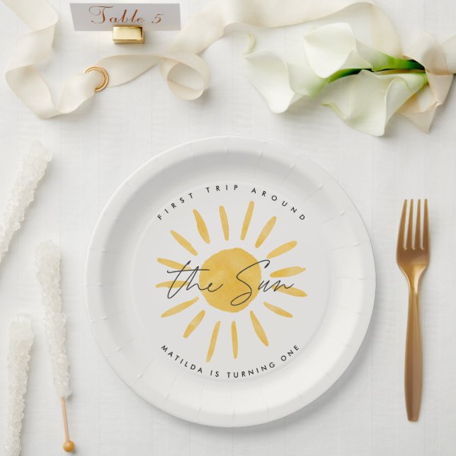 Assiettes En Carton soleil 1er anniversaire aquarelle soleil jaune mod (Mariage)