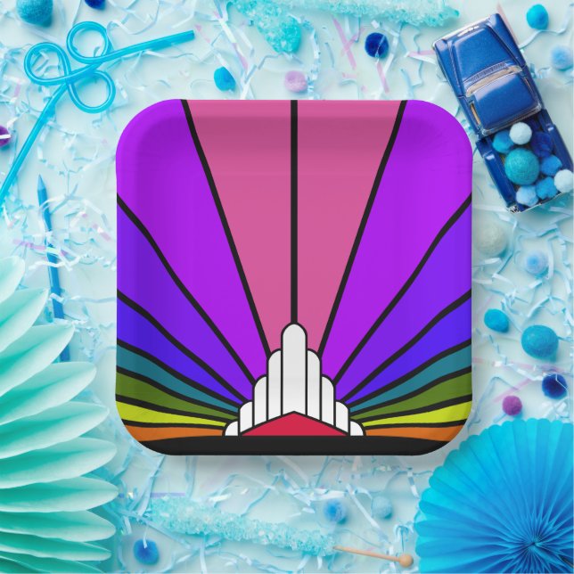 Assiettes En Carton Soleil Art déco en Plaque en papier arc-en-ciel (Fête)