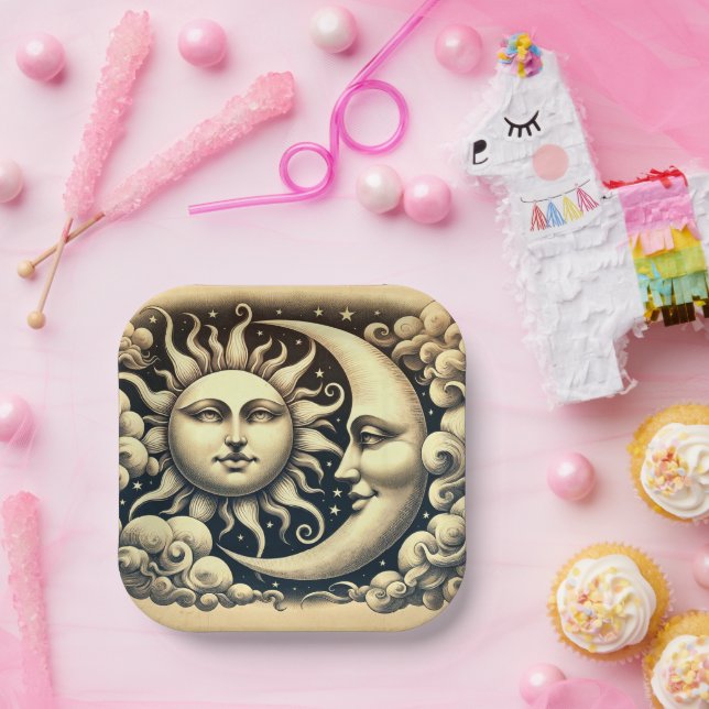 Assiettes En Carton Soleil céleste vintage et lune (Fête)