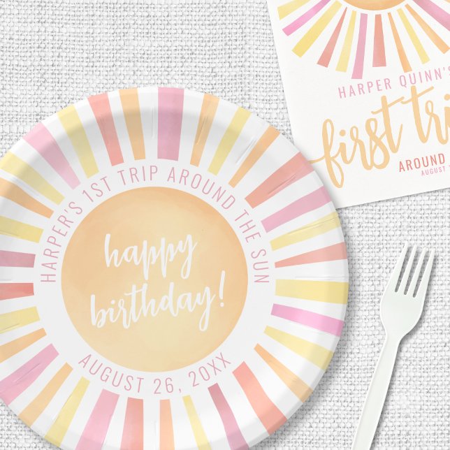 Assiettes En Carton Soleil rose 1er anniversaire fête (Sunshine Pink Sun 1st Birthday Party Paper Plates)