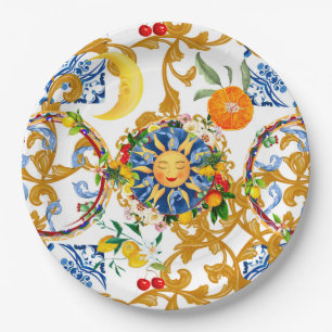 Assiettes En Carton soleil sicilien, moitié lune, été, majolica, citro