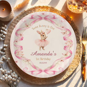 Assiettes En Carton Some Bunny a un an Nœud Rose Gingham 1er Anniversa