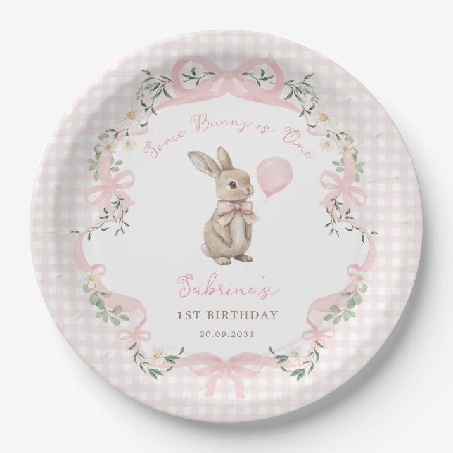 Assiettes En Carton Some Bunny is One: Pink Bow Gingham 1st Birthday (Devant)