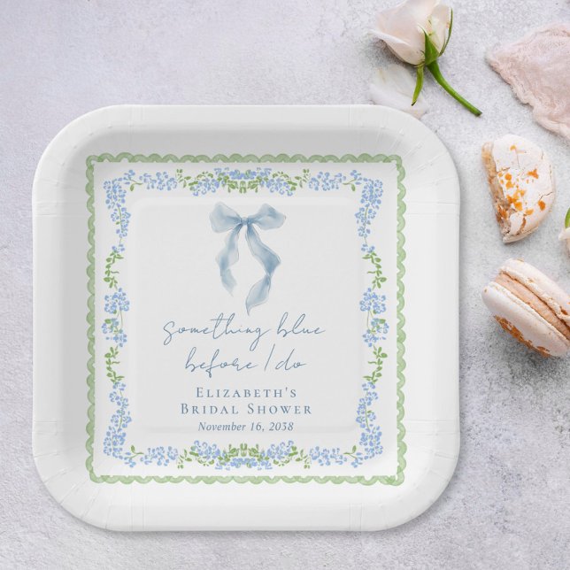 Assiettes En Carton Something Blue Bow Baby Shower de Mariage (Something Blue Bow Bridal Shower Paper Plates)