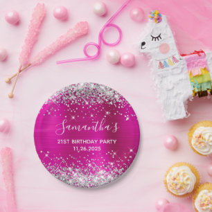 Assiettes En Carton Son 21e Anniversaire Paillettes Rose Chaud et Arge