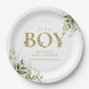 Assiettes En Carton Son Baby shower A Boy Greenery Foliage Gold Letter