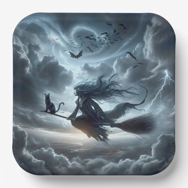 Assiettes En Carton Sorcière d'Halloween et chat sur une chambre (Recto)