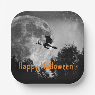 Assiettes En Carton Sorcière et Lune Halloween Personnalisable