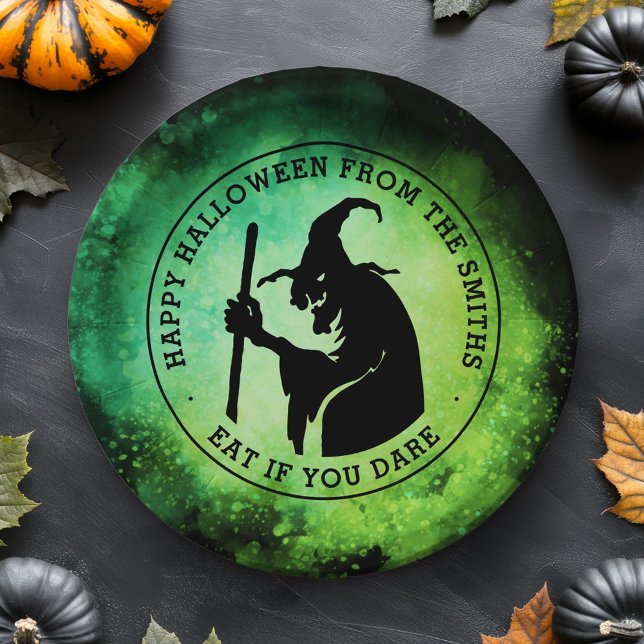 Assiettes En Carton Sorcière et texte personnalisé vert noir Halloween (Witch and custom text green black Halloween Paper Plates)