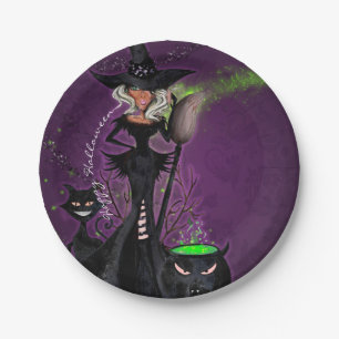 Assiettes En Carton Sorcière Glamour de Fête d'Halloween en Noir Vert