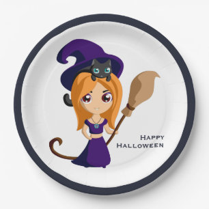 Assiettes En Carton Sorcière mignonne en Casquette violet Halloween