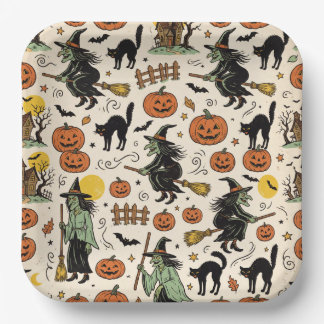 Assiettes En Carton Sorcière Vintage et Chat Noir Halloween
