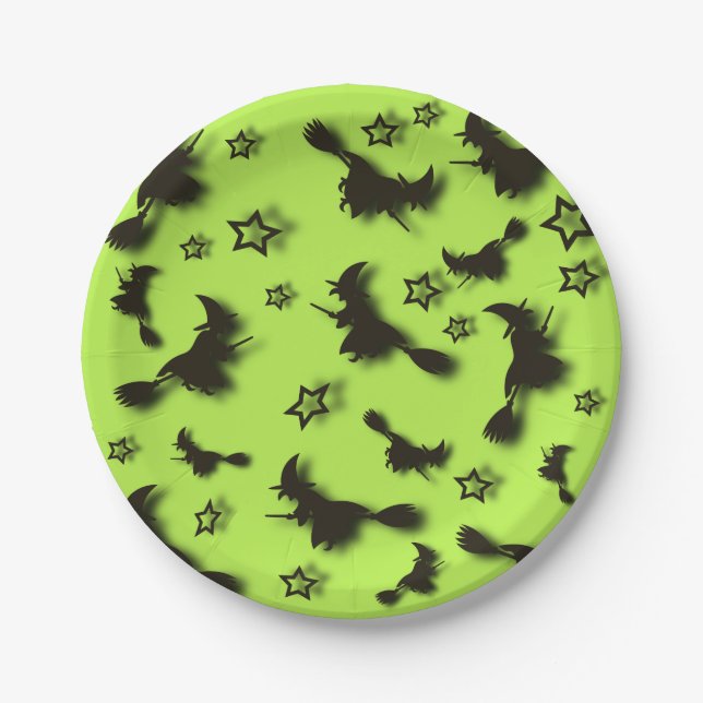 Assiettes En Carton Sorcière volante parmi les étoiles à Halloween nui (Devant)