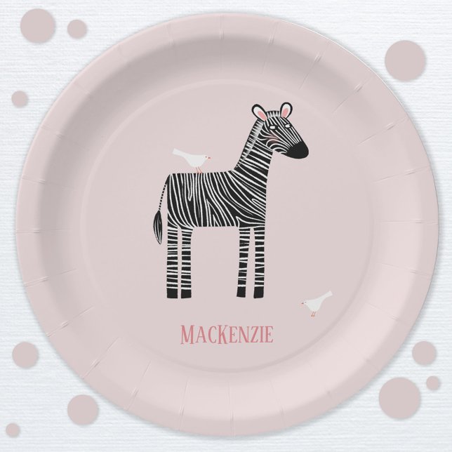 Assiettes En Carton Sote Zebra Pink (Cute Zebra personalized name paper party plates)