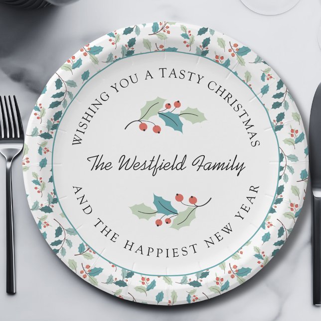 Assiettes En Carton Souhaitez-vous une savoureuse baie de Noël Holly (Wishing You a Tasty Christmas Holly and Red Berries Round Paper Plate)