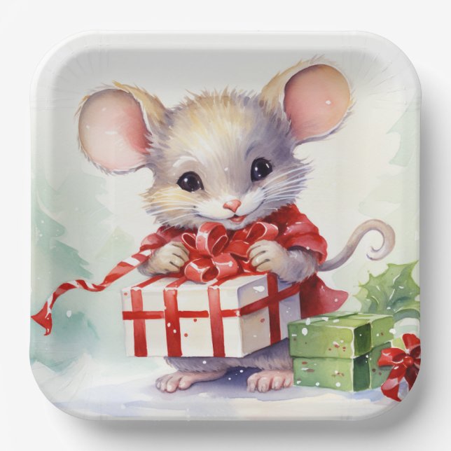 Assiettes En Carton Souris aquarelle avec cadeau de Noël (Recto)